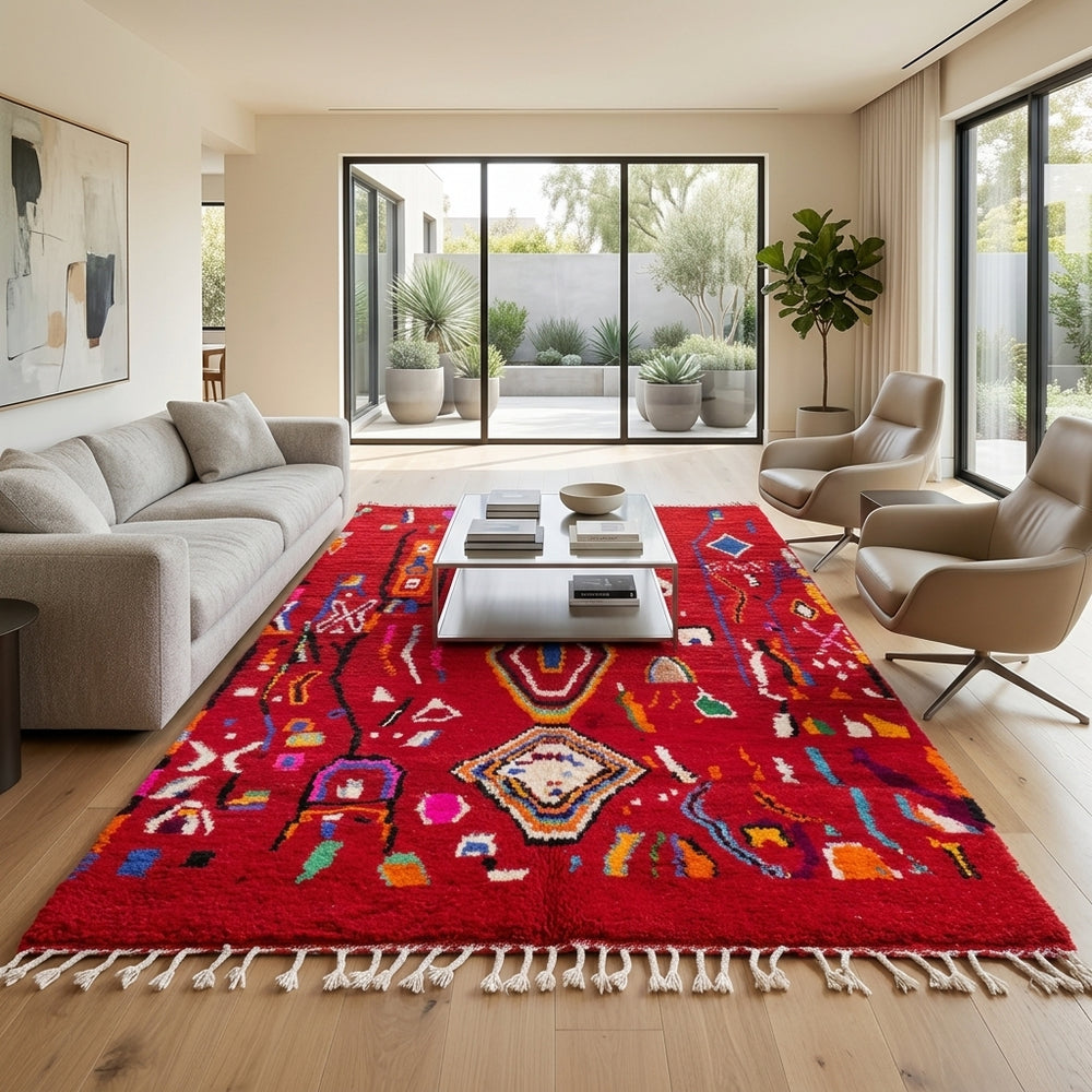 red moroccan wool rug with geometric berber symbols handmade tribal carpet
