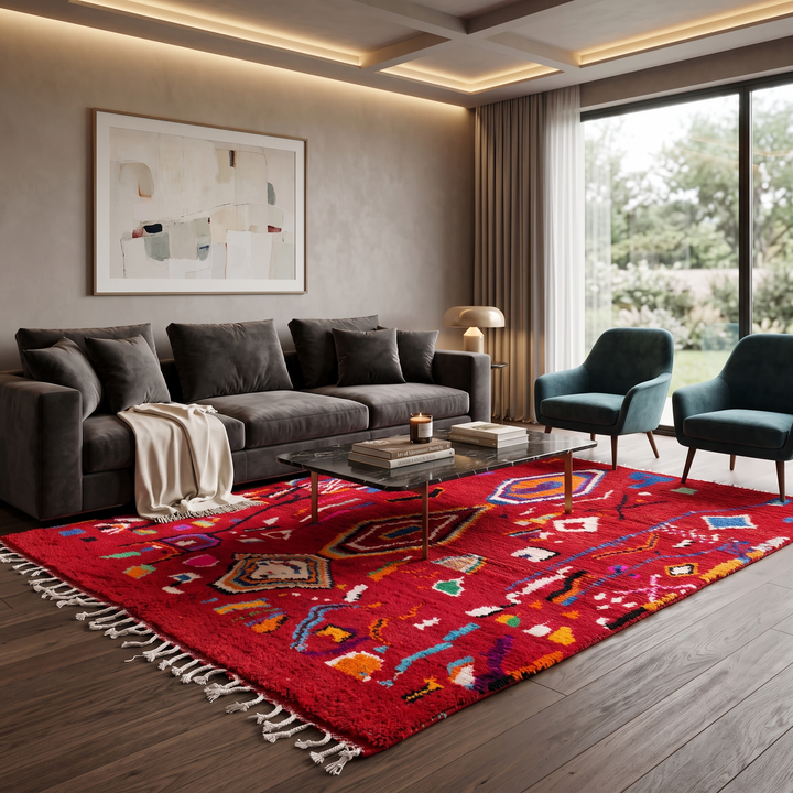 red moroccan wool rug with geometric berber symbols handmade tribal carpet
