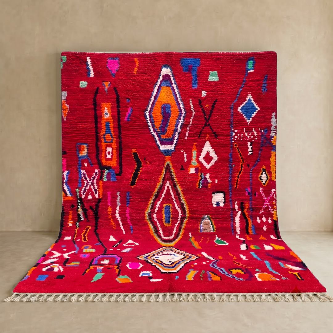 red moroccan wool rug with geometric berber symbols handmade tribal carpet
