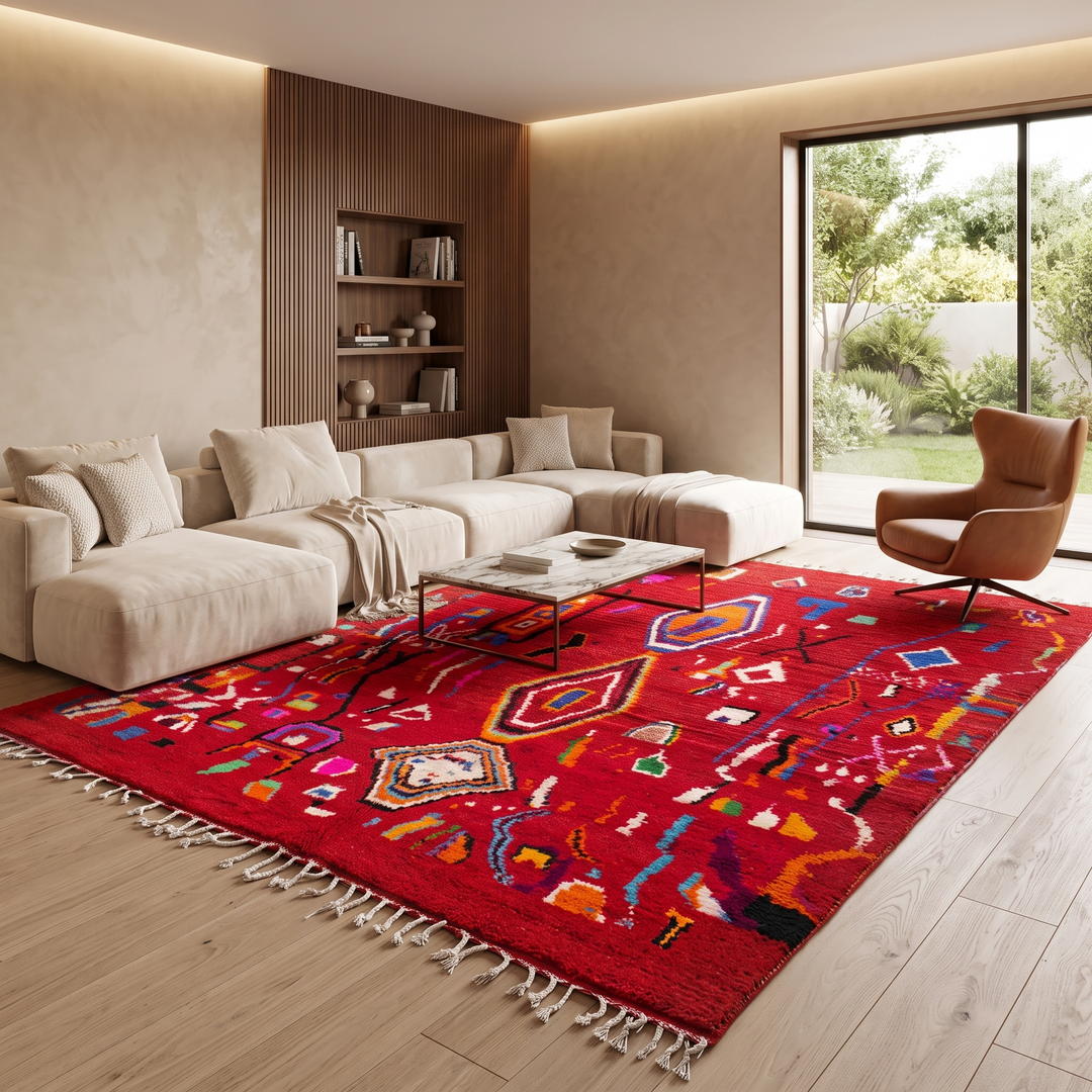 red moroccan wool rug with geometric berber symbols handmade tribal carpet
