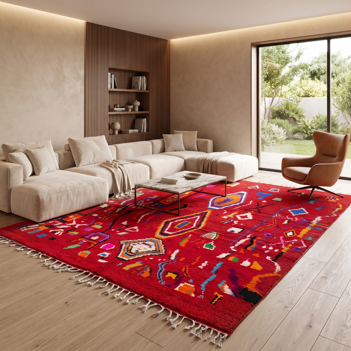 red moroccan wool rug with geometric berber symbols handmade tribal carpet
