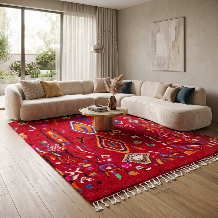 red moroccan wool rug with geometric berber symbols handmade tribal carpet
