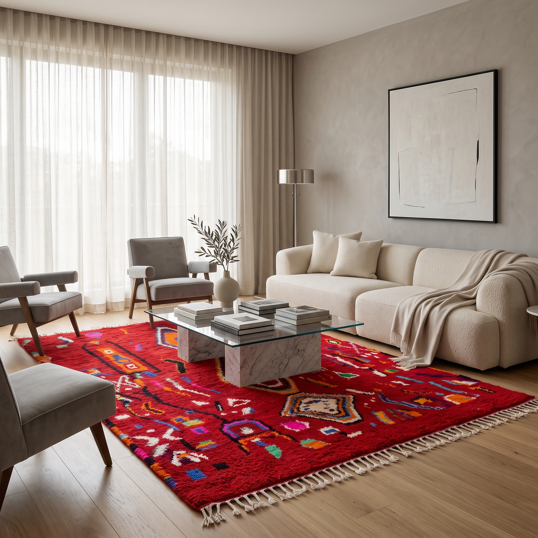 red moroccan wool rug with geometric berber symbols handmade tribal carpet
