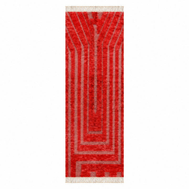 Red Moroccan runner rug handmade Berber wool with geometric pattern and fringes
