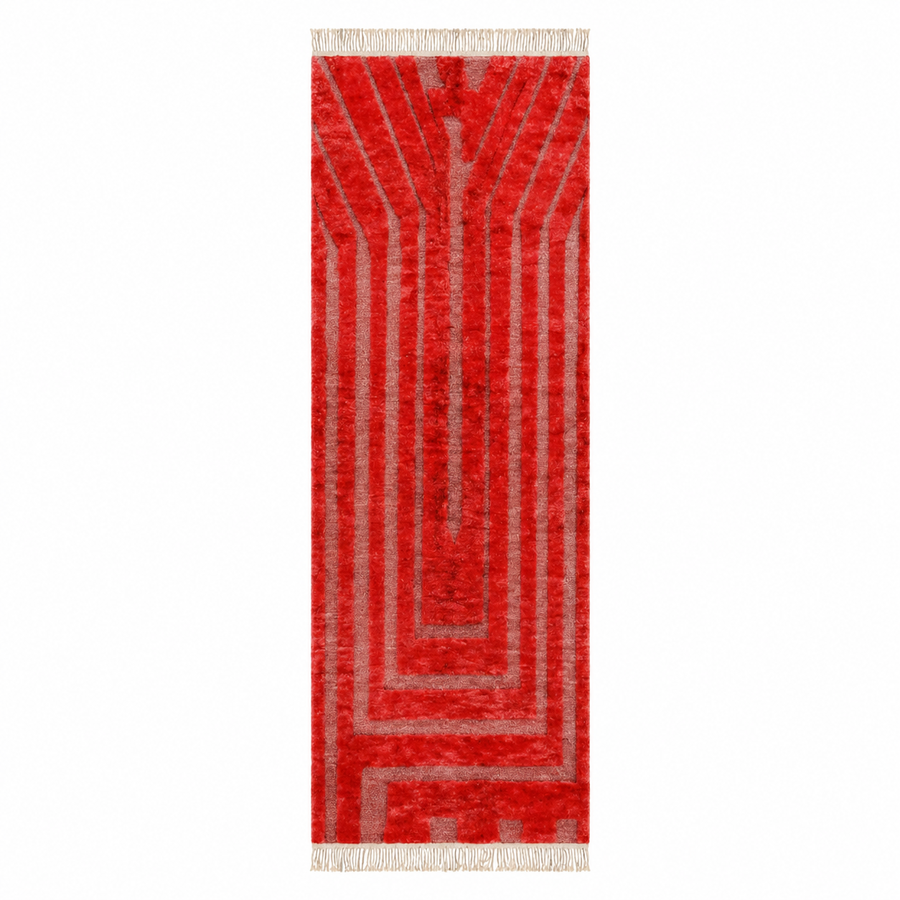 Red Moroccan runner rug handmade Berber wool with geometric pattern and fringes
