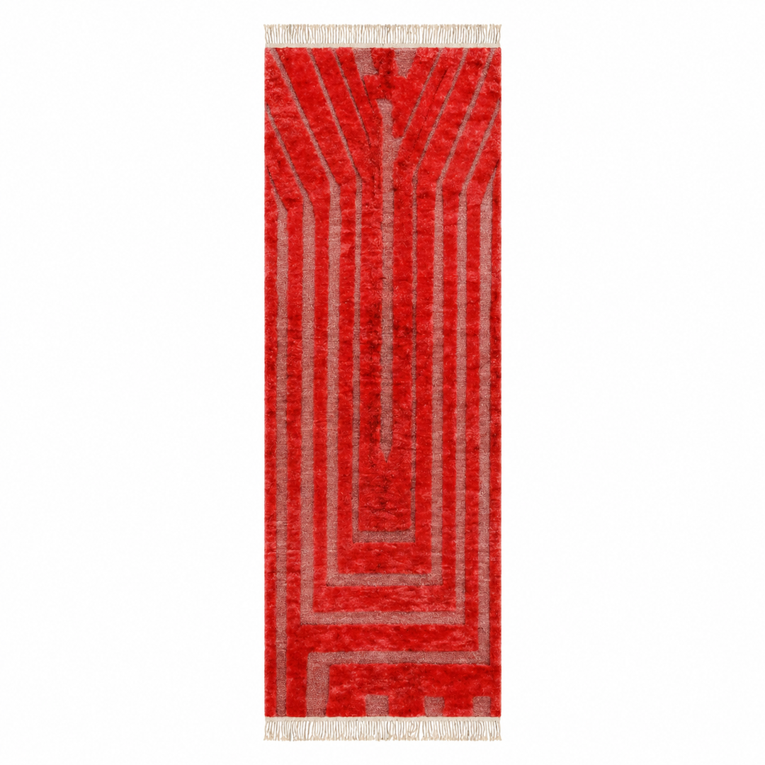 Red Moroccan runner rug handmade Berber wool with geometric pattern and fringes