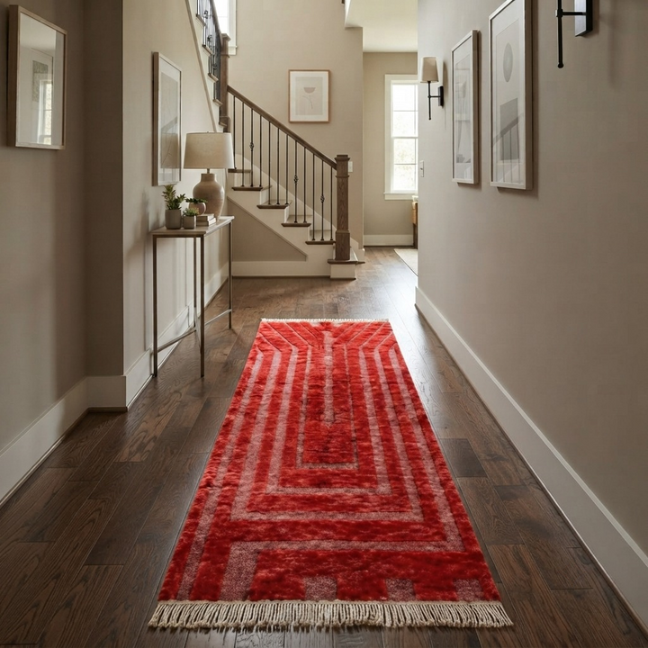 Red Moroccan runner rug handmade Berber wool with geometric pattern and fringes