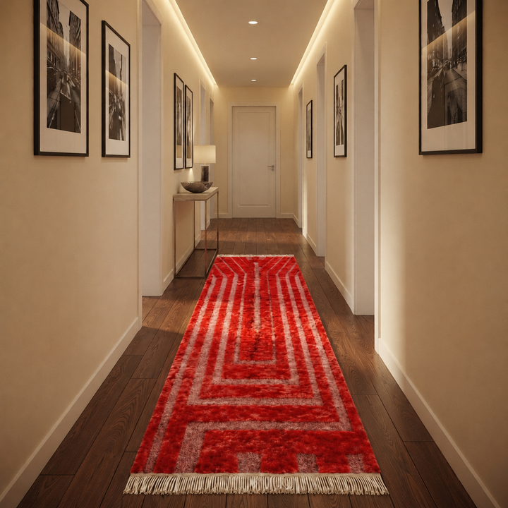 Red Moroccan runner rug handmade Berber wool with geometric pattern and fringes