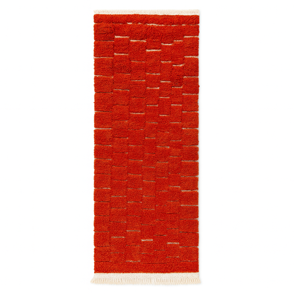 Red Moroccan runner rug with textured shag wool and subtle geometric block pattern, handmade Berber carpet 