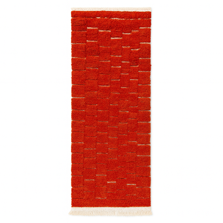 Red Moroccan runner rug with textured shag wool and subtle geometric block pattern, handmade Berber carpet 