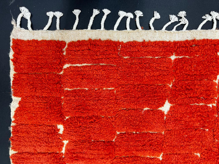 Red Moroccan runner rug with textured shag wool and subtle geometric block pattern, handmade Berber carpet