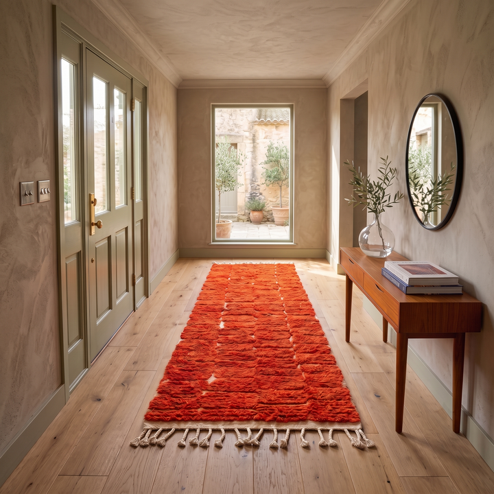 Red Moroccan runner rug with textured shag wool and subtle geometric block pattern, handmade Berber carpet 