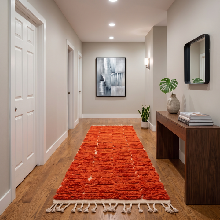 Red Moroccan runner rug with textured shag wool and subtle geometric block pattern, handmade Berber carpet 