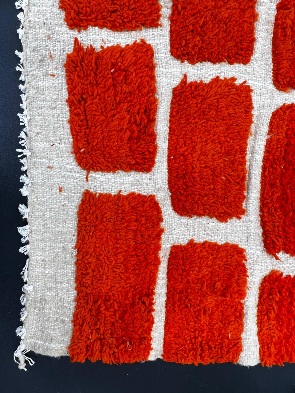 Red Moroccan runner rug with brick geometric pattern, handmade wool Berber carpet