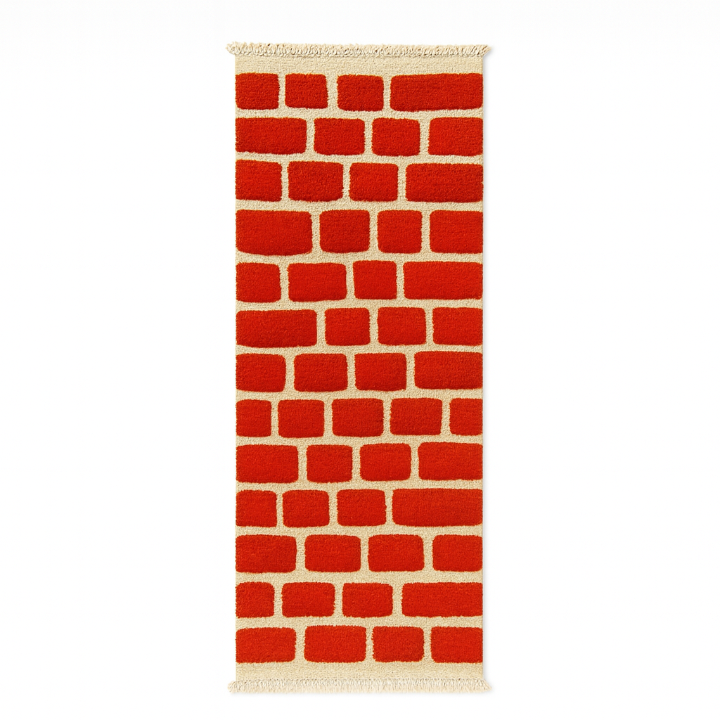 Red Moroccan runner rug with brick geometric pattern, handmade wool Berber carpet