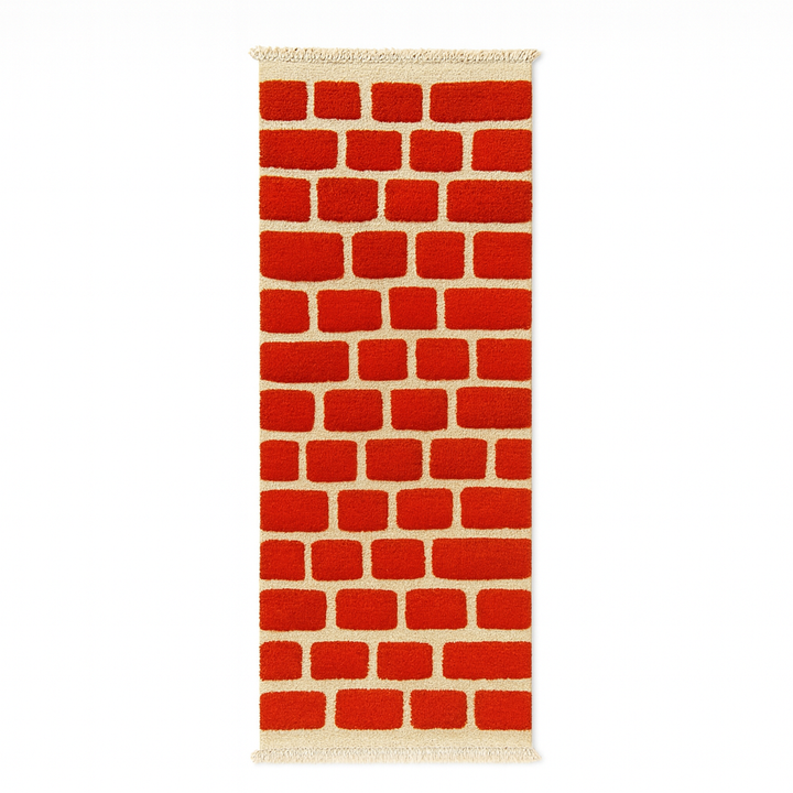 Red Moroccan runner rug with brick geometric pattern, handmade wool Berber carpet