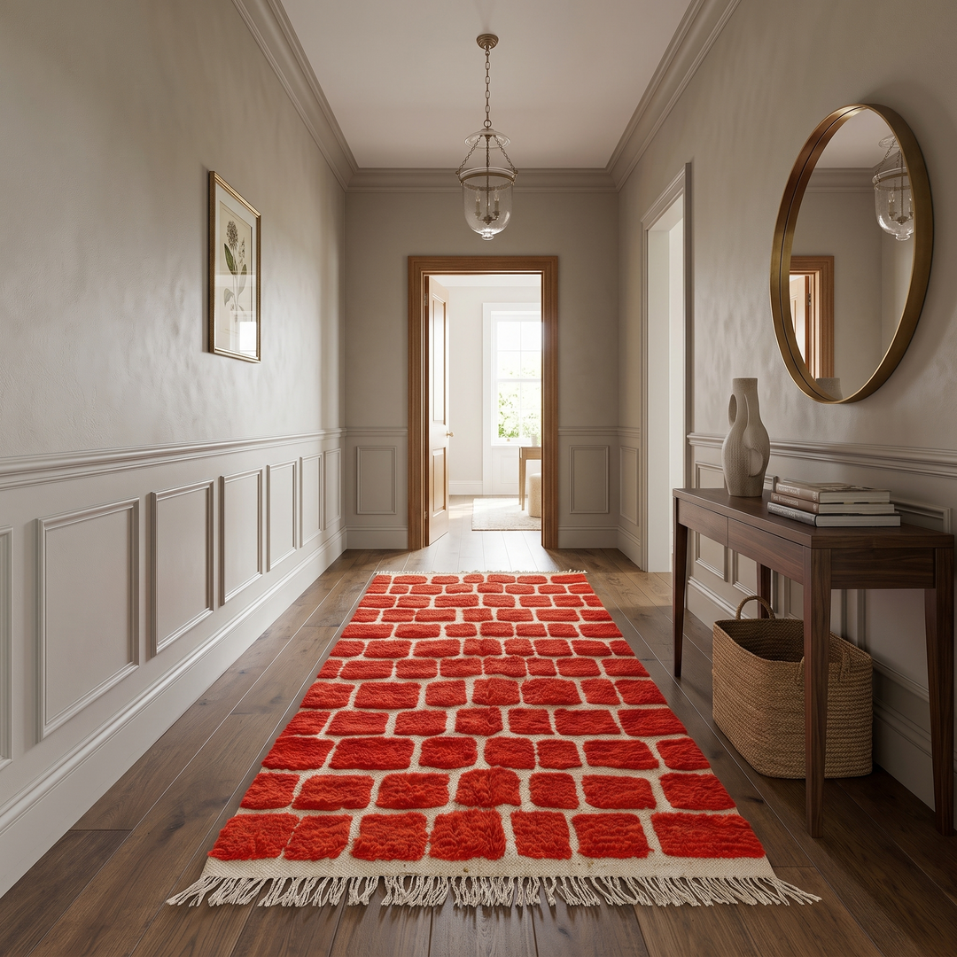 Red Moroccan runner rug with brick geometric pattern, handmade wool Berber carpet