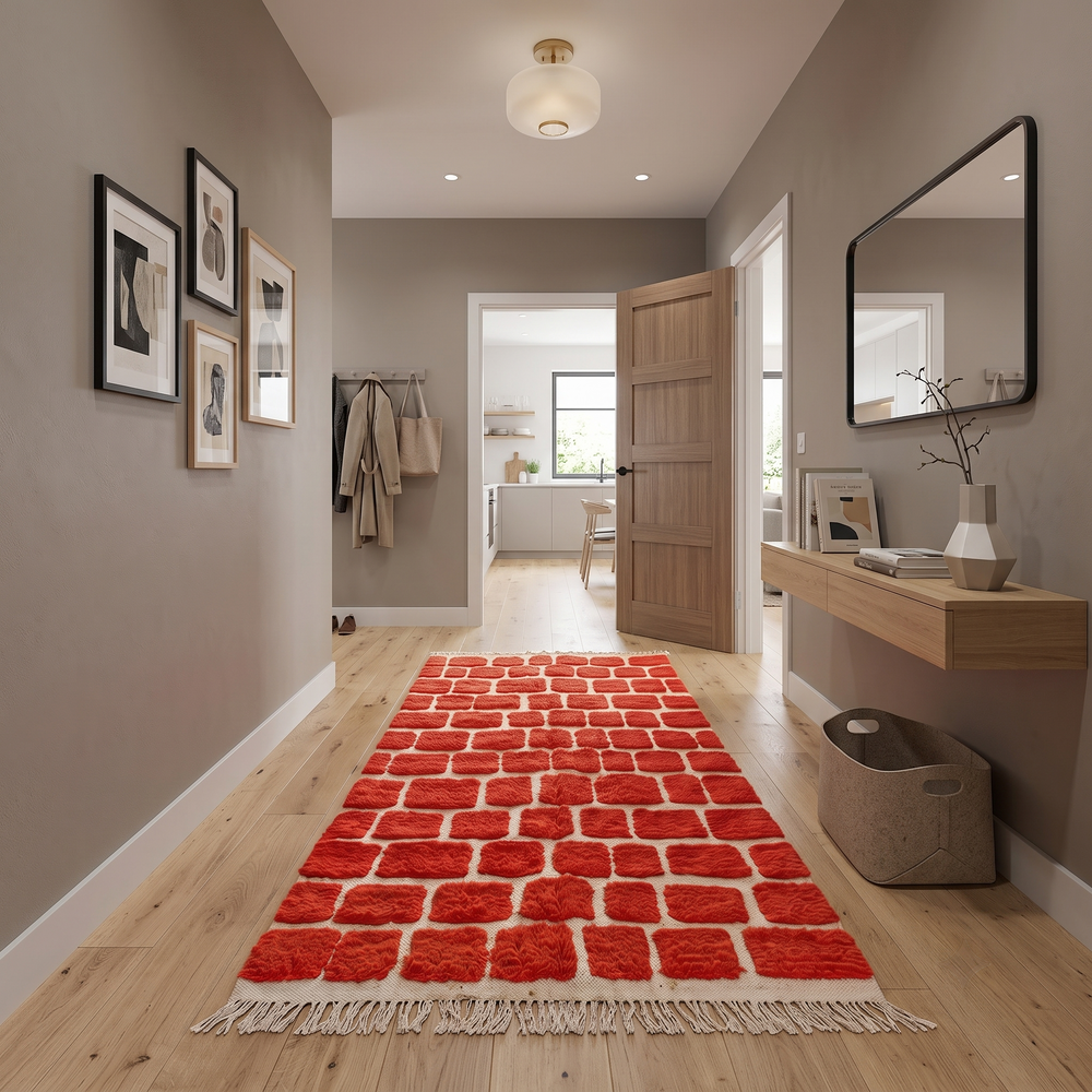 Red Moroccan runner rug with brick geometric pattern, handmade wool Berber carpet
