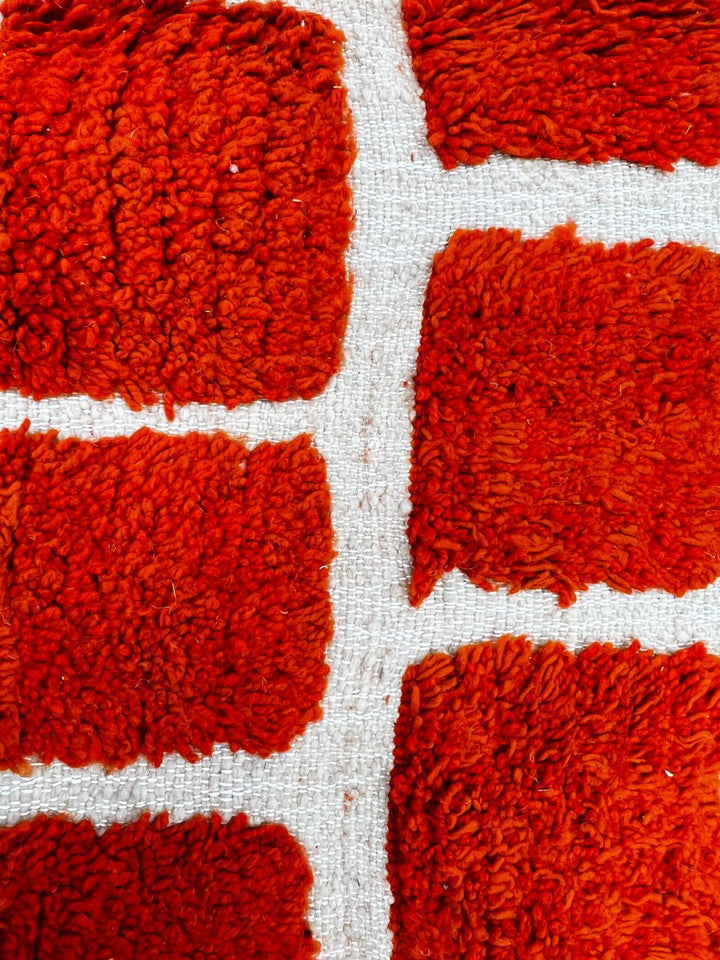 Red Moroccan runner rug with brick geometric pattern, handmade wool Berber carpet