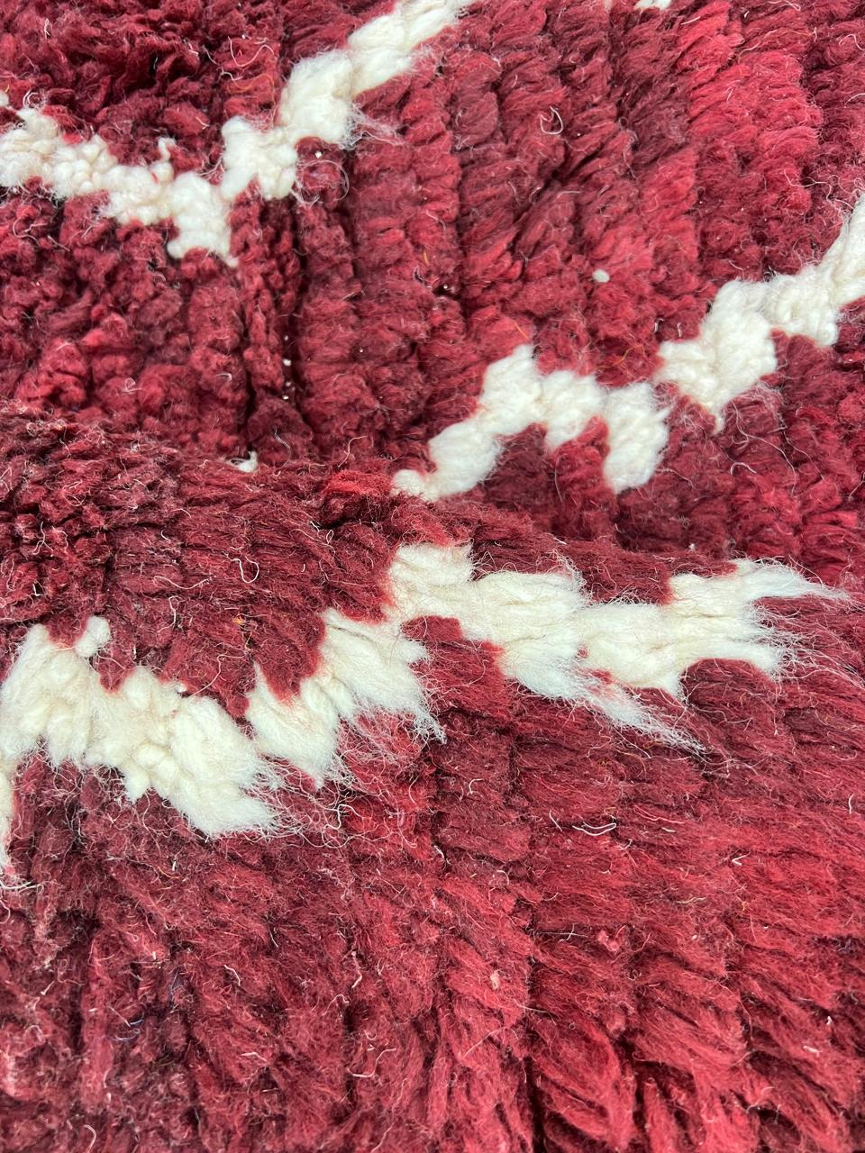 Burgundy Moroccan runner rug handwoven in wine red wool with flowing white ivory lines