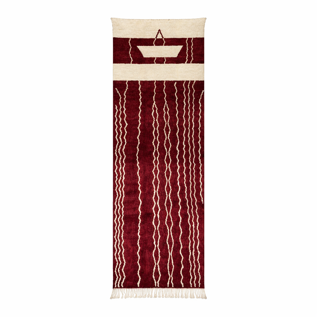 Burgundy Moroccan runner rug handwoven in wine red wool with flowing white ivory lines