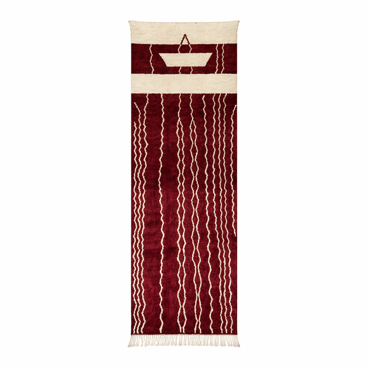 Burgundy Moroccan runner rug handwoven in wine red wool with flowing white ivory lines