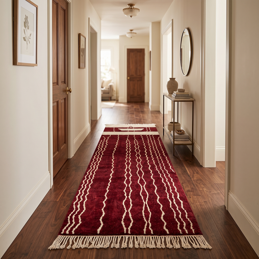 Burgundy Moroccan runner rug handwoven in wine red wool with flowing white ivory lines