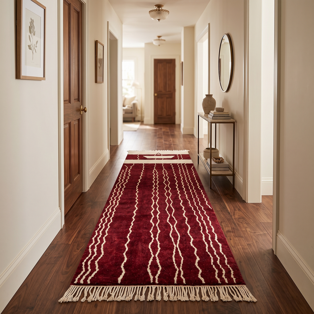 Burgundy Moroccan runner rug handwoven in wine red wool with flowing white ivory lines