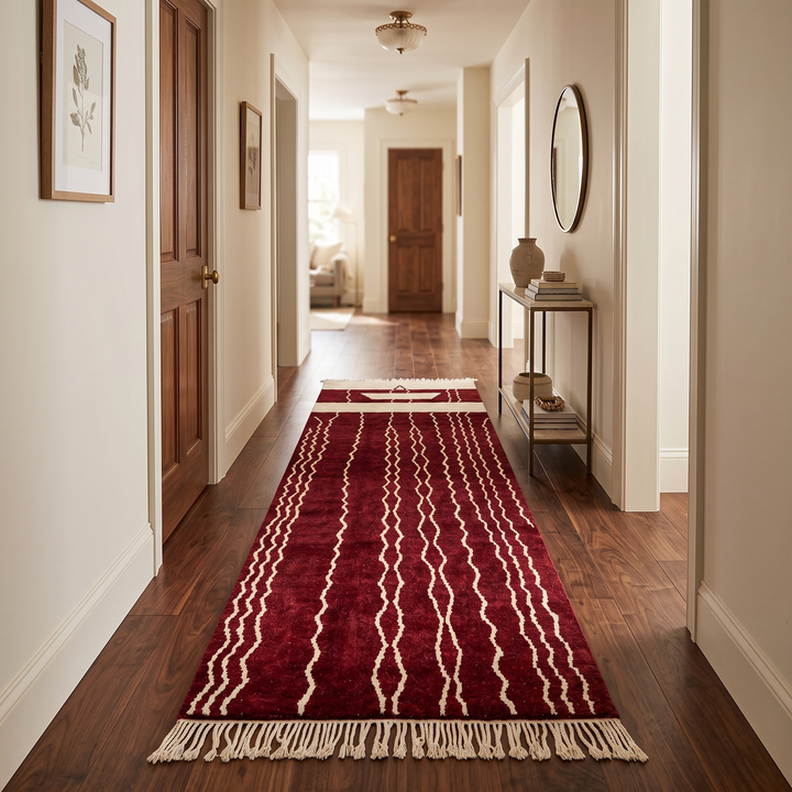 Burgundy Moroccan runner rug handwoven in wine red wool with flowing white ivory lines