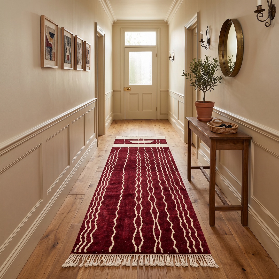 Burgundy Moroccan runner rug handwoven in wine red wool with flowing white ivory lines