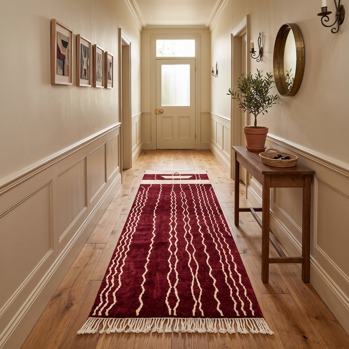 Burgundy Moroccan runner rug handwoven in wine red wool with flowing white ivory lines