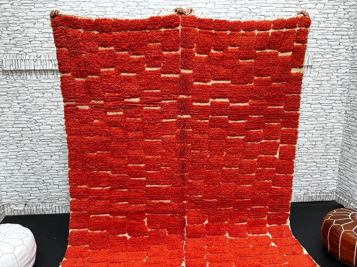 Handmade Moroccan wool rug in deep red with geometric block pattern – Berber shag carpet