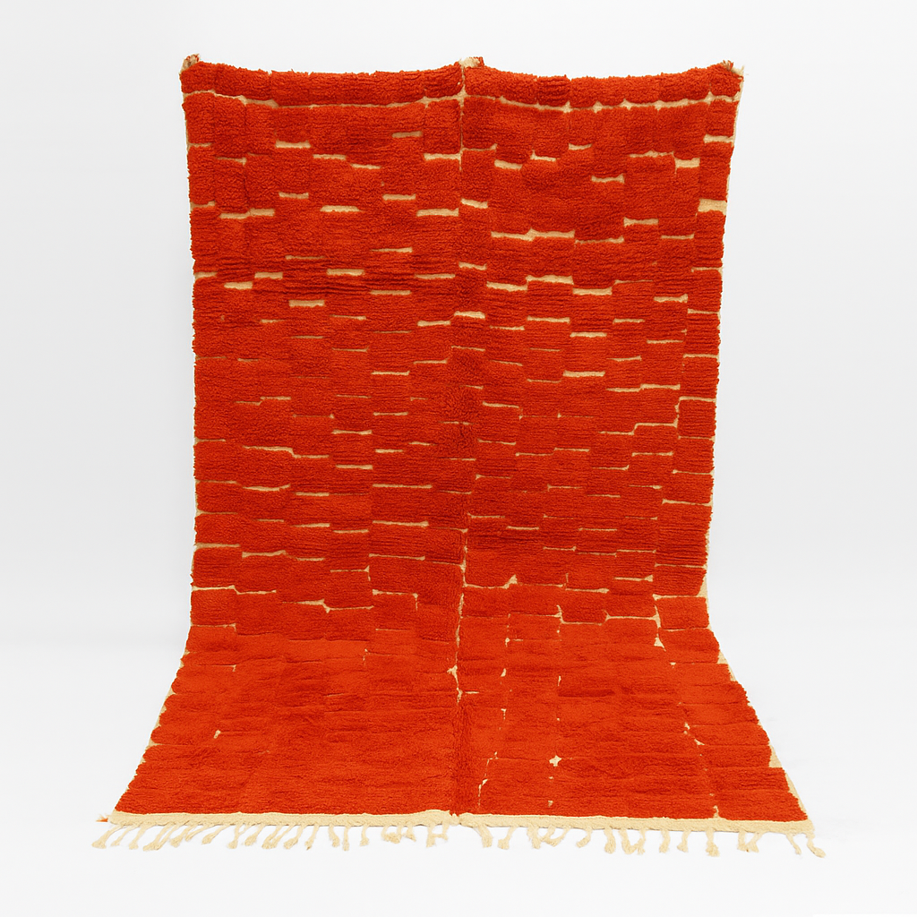 Handmade Moroccan wool rug in deep red with geometric block pattern – Berber shag carpet