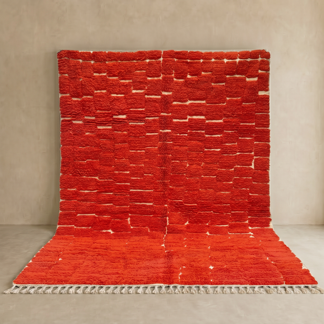 Handmade Moroccan wool rug in deep red with geometric block pattern – Berber shag carpet
