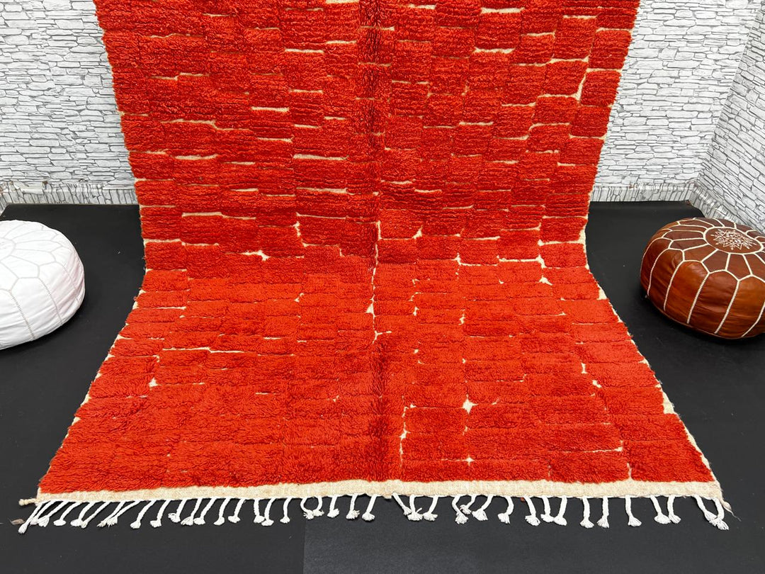 Handmade Moroccan wool rug in deep red with geometric block pattern – Berber shag carpet