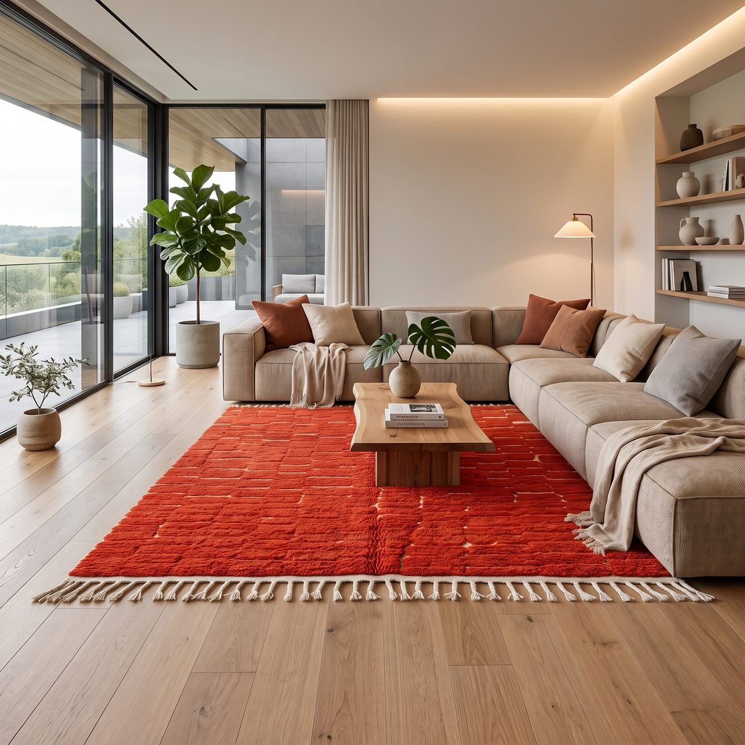 Handmade Moroccan wool rug in deep red with geometric block pattern – Berber shag carpet
