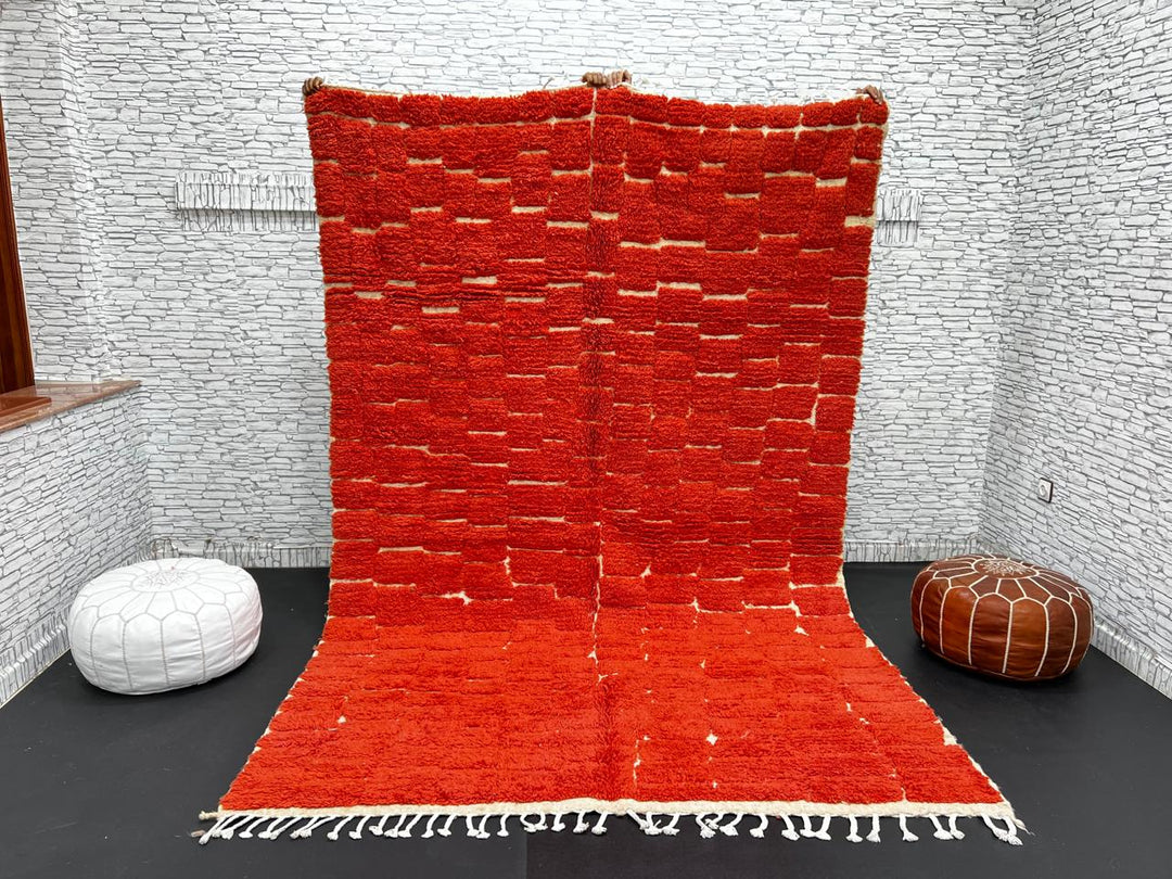 Handmade Moroccan wool rug in deep red with geometric block pattern – Berber shag carpet