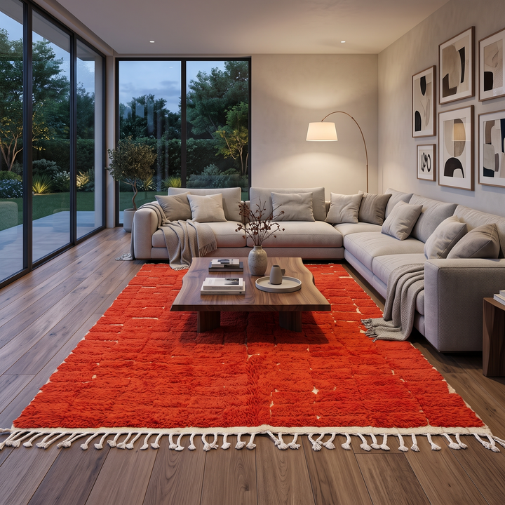 Handmade Moroccan wool rug in deep red with geometric block pattern – Berber shag carpet

