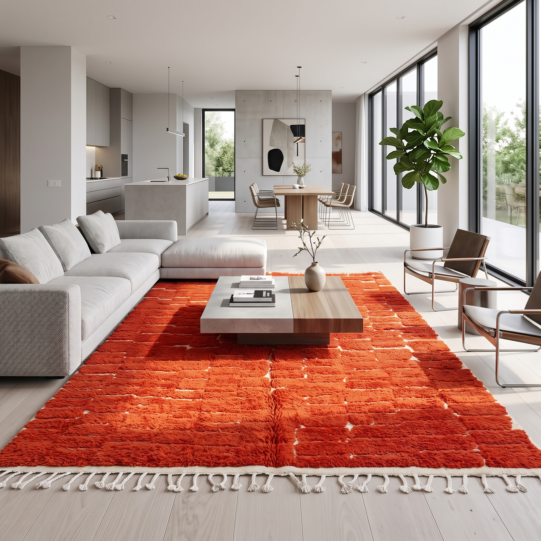 Handmade Moroccan wool rug in deep red with geometric block pattern – Berber shag carpet

