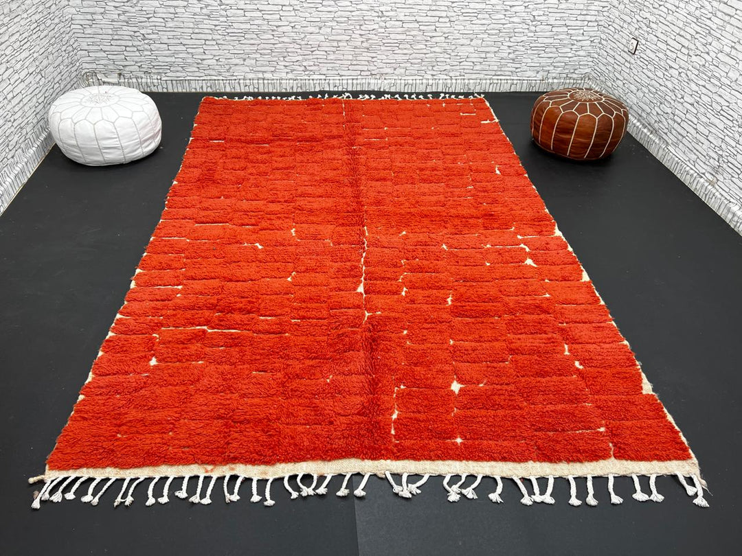 Handmade Moroccan wool rug in deep red with geometric block pattern – Berber shag carpet