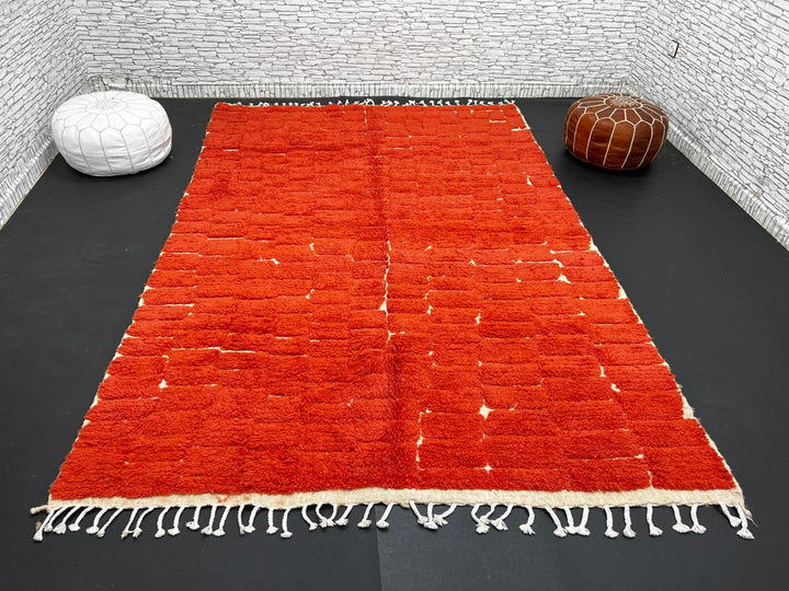 Handmade Moroccan wool rug in deep red with geometric block pattern – Berber shag carpet