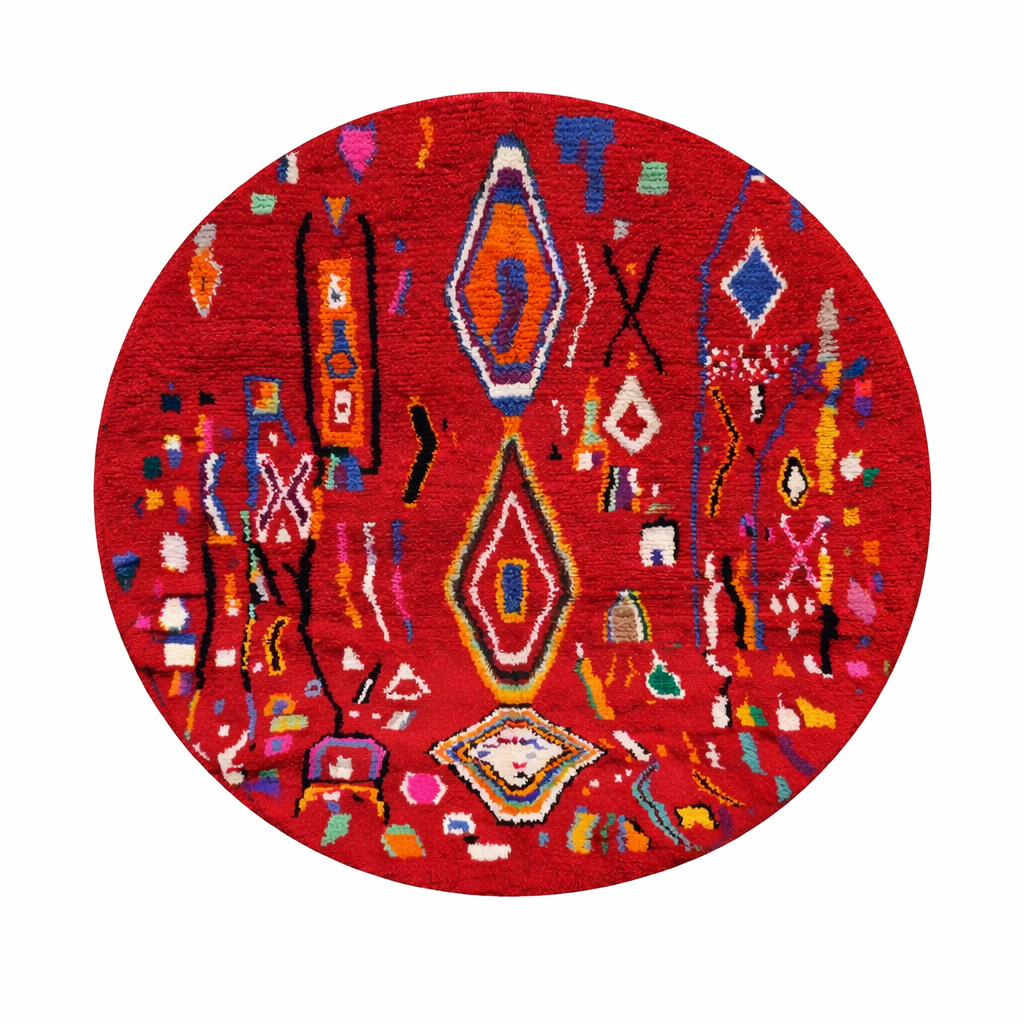 Round handmade Moroccan Berber rug with deep red wool base and colorful tribal geometric symbols.