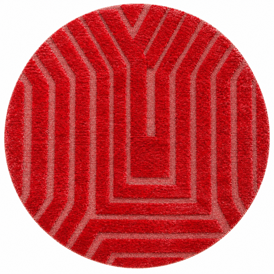 Handmade red Moroccan round rug with textured geometric lines and plush wool