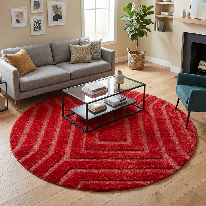Handmade red Moroccan round rug with textured geometric lines and plush wool