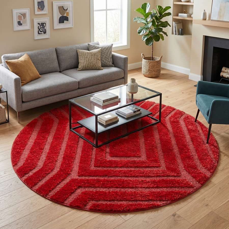Handmade red Moroccan round rug with textured geometric lines and plush wool