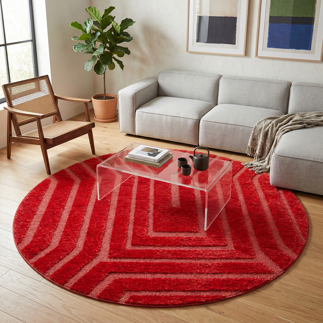Handmade red Moroccan round rug with textured geometric lines and plush wool