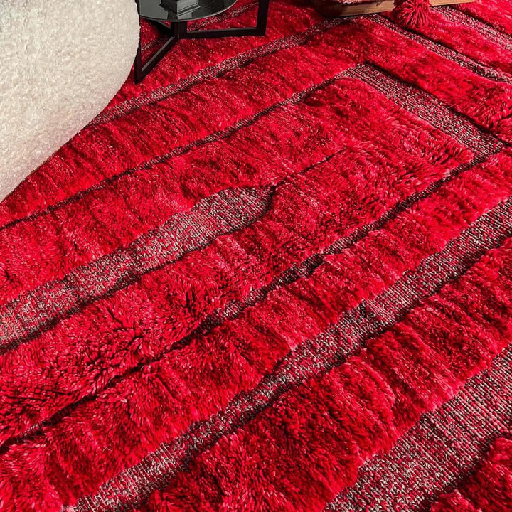 Red Moroccan runner rug handmade Berber wool with geometric pattern and fringes