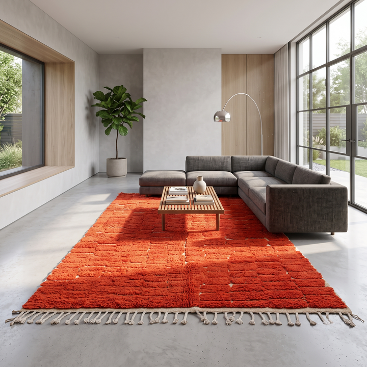 Handmade Moroccan wool rug in deep red with geometric block pattern – Berber shag carpet
