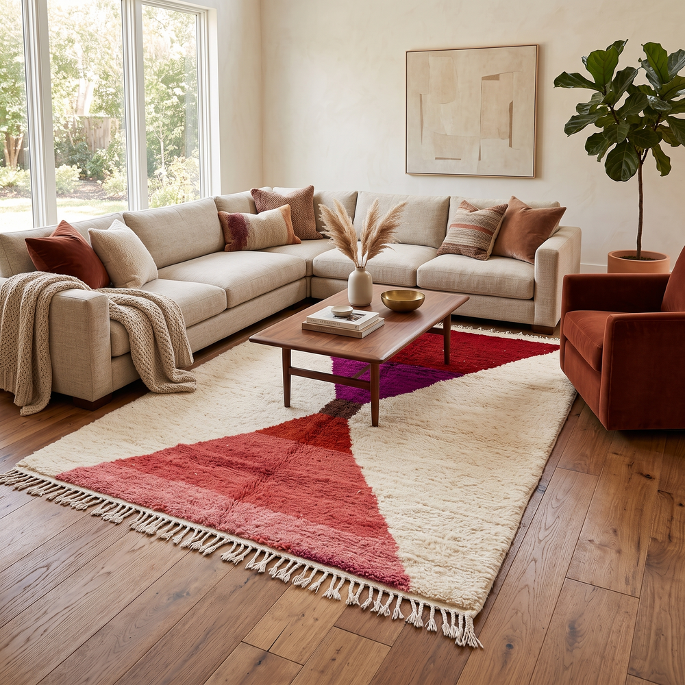Handwoven Moroccan wool rug in red, pink, and magenta on cream background – modern Berber handmade rug