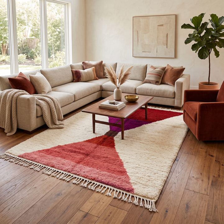 Handwoven Moroccan wool rug in red, pink, and magenta on cream background – modern Berber handmade rug